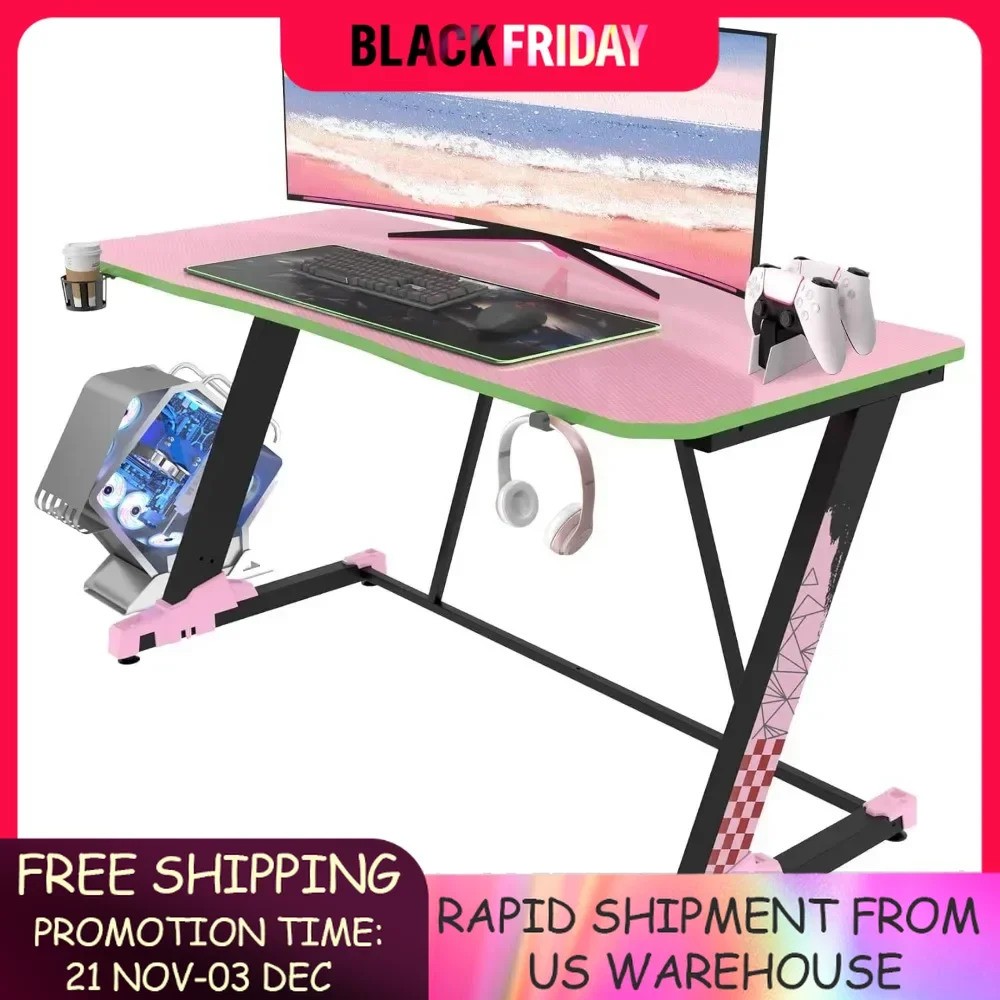 Gaming Desk 47 Inch, with Headphone Holder, Cup Holder, Cable Management Box, Carbon Fiber Surface Z-shaped PC Computer Table