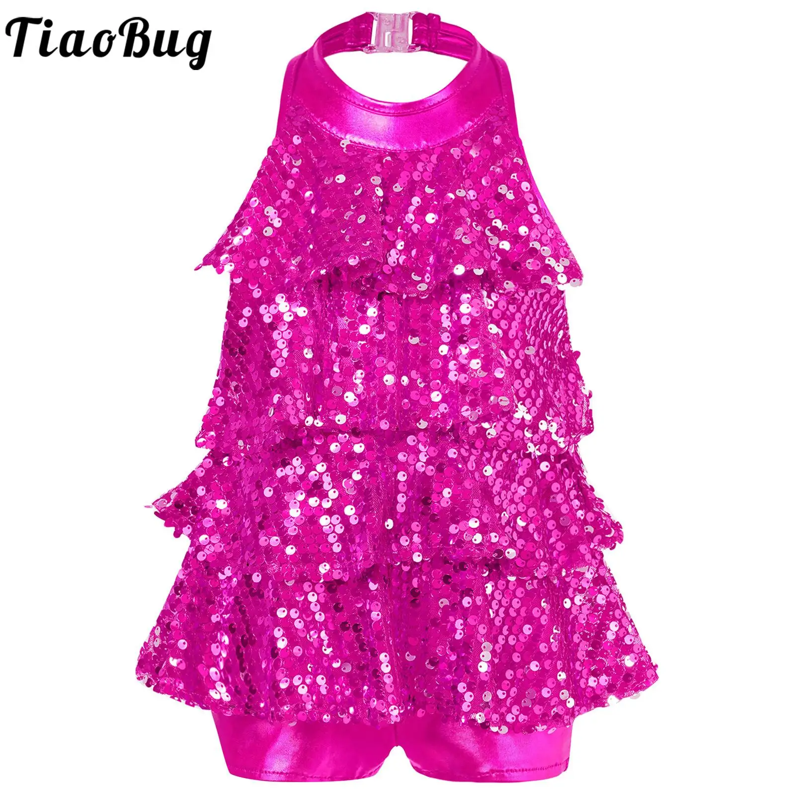 

Kids Girls Halter Shiny Sequins Ballet Shorty Unitard Dress Gymnastics Leotard Latin Jazz Samba Dance Stage Performance Costume