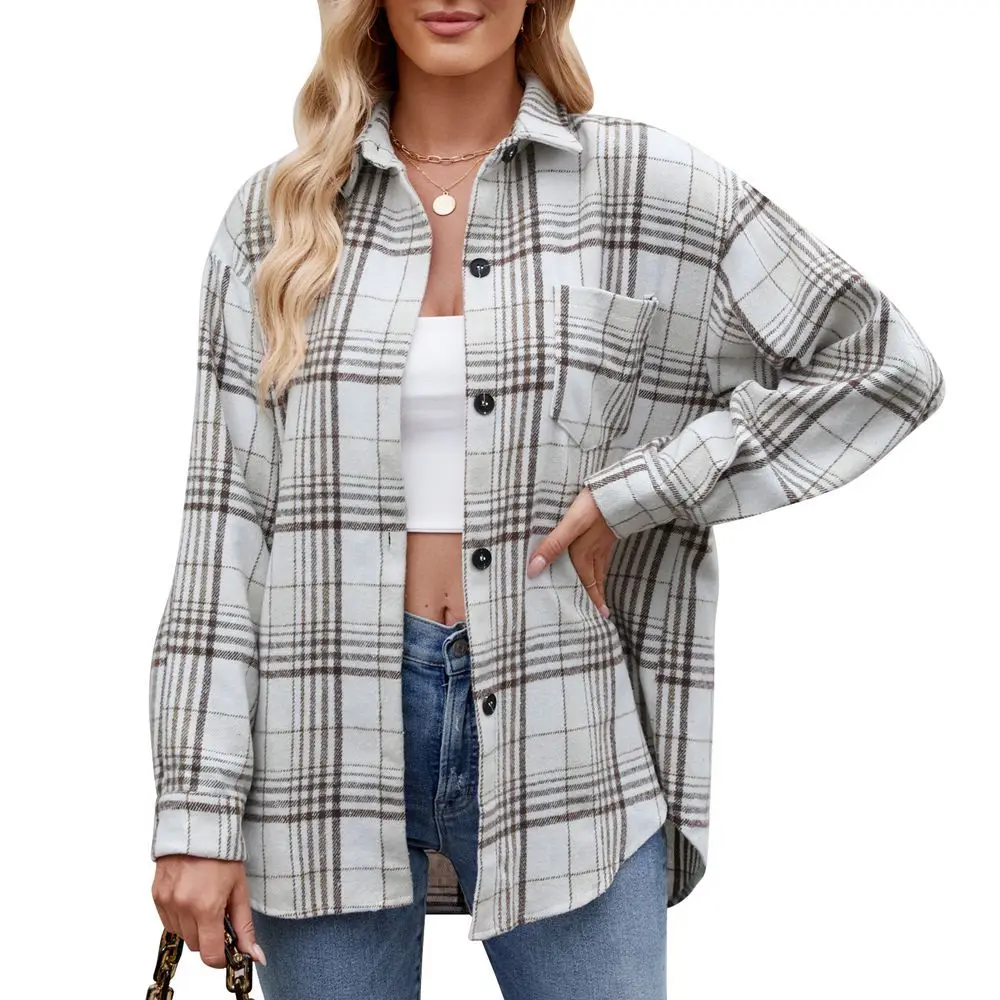 2024 Spring Autumn Women\'s Blouses Female Thousand Bird Plaid Button Down Flannel Shirt Women Casual Lapel Long Sleeve T-shirt