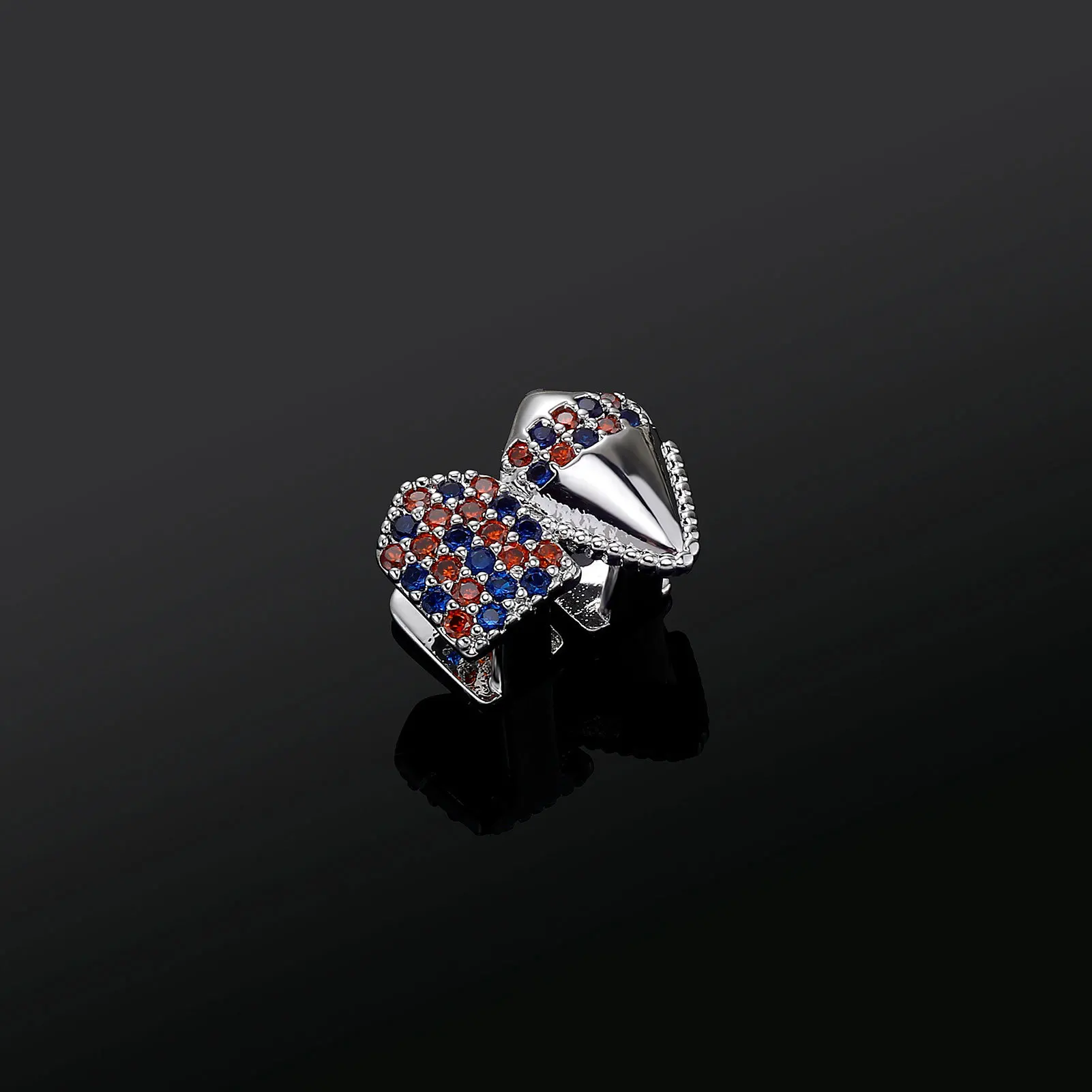 Hip Hop Double Teeth Grillz Set with Full Iced Blue Red US Flag CZ Stones Men's Top & Bottom Sparkling Punk Rapper Jewelry Gift image 2