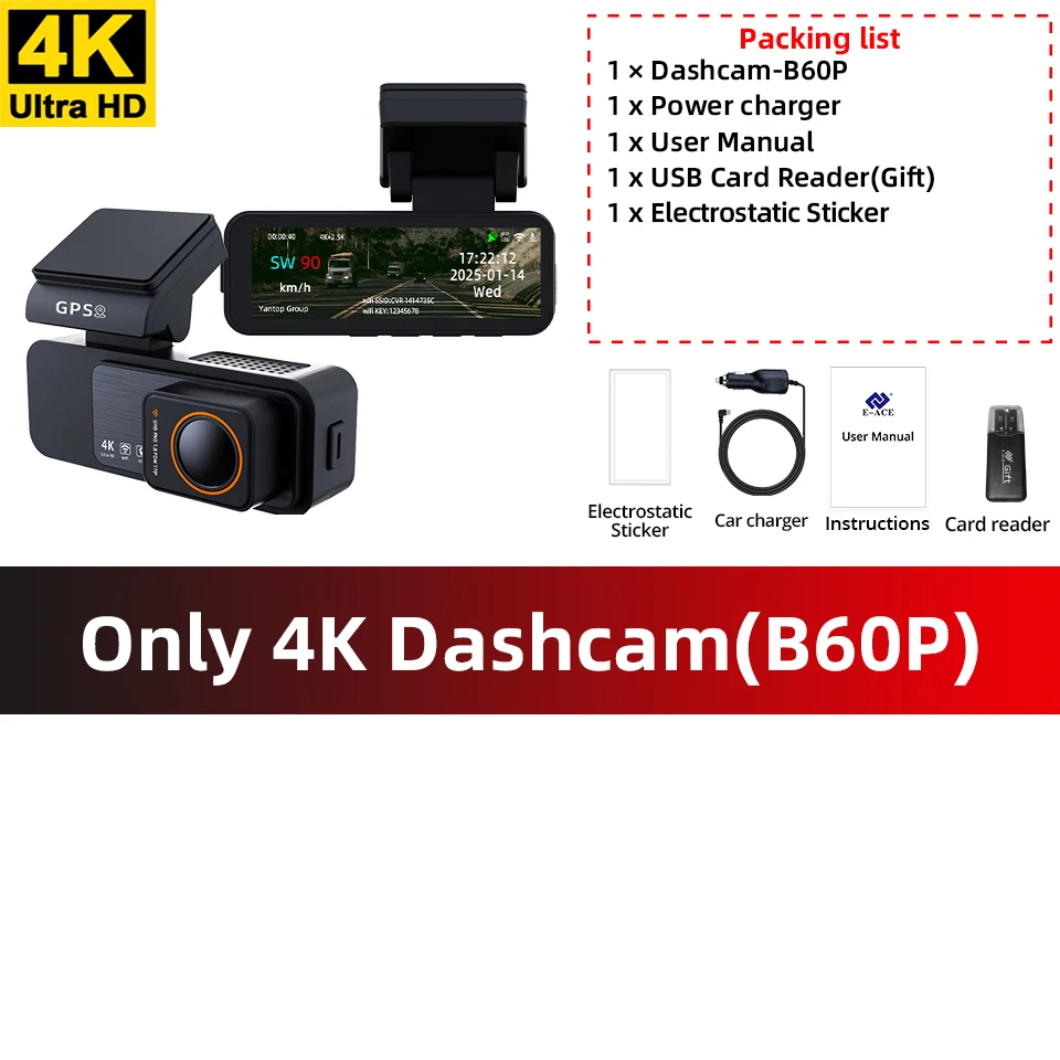 DashCam Auto 4K Car Dvr Video Recorder Built-in GPS WIFI Support Dual Lens 2.5K Rear Camera Night Vision Black Box 24h Parking