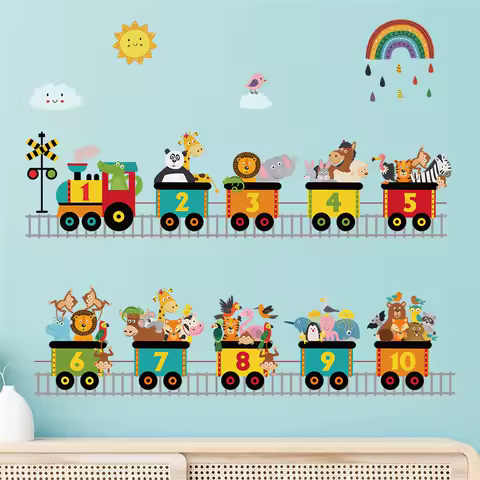 Happy Animals Train (number 1-10) Wall Stickers For Kids Bedroom Decoration Safari Mural Art Diy Cartoon Home Decals Pvc Poster