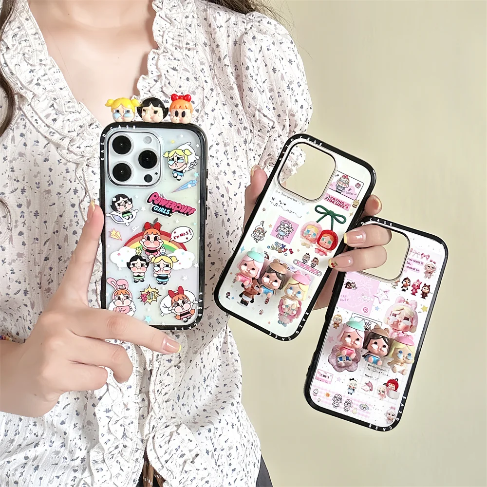 

Kawaii Cartoon Cry Girl Fold Stand Phone Case For iPhone 16 Pro 15 14 13 Pro Max Fashion fundas Protective cover For 15 Pro Case
