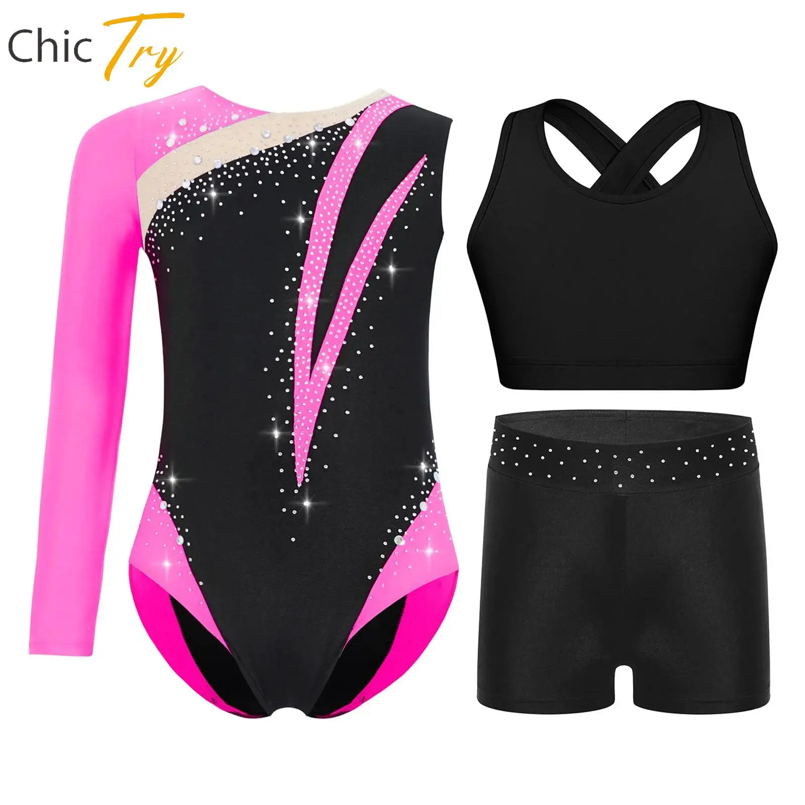 

Kids Girls Rhythmic Gymnastics Acrobatics Dance Set Rhinestones Dancewear Sets for Ballet Dance Figure Skating Performance Party