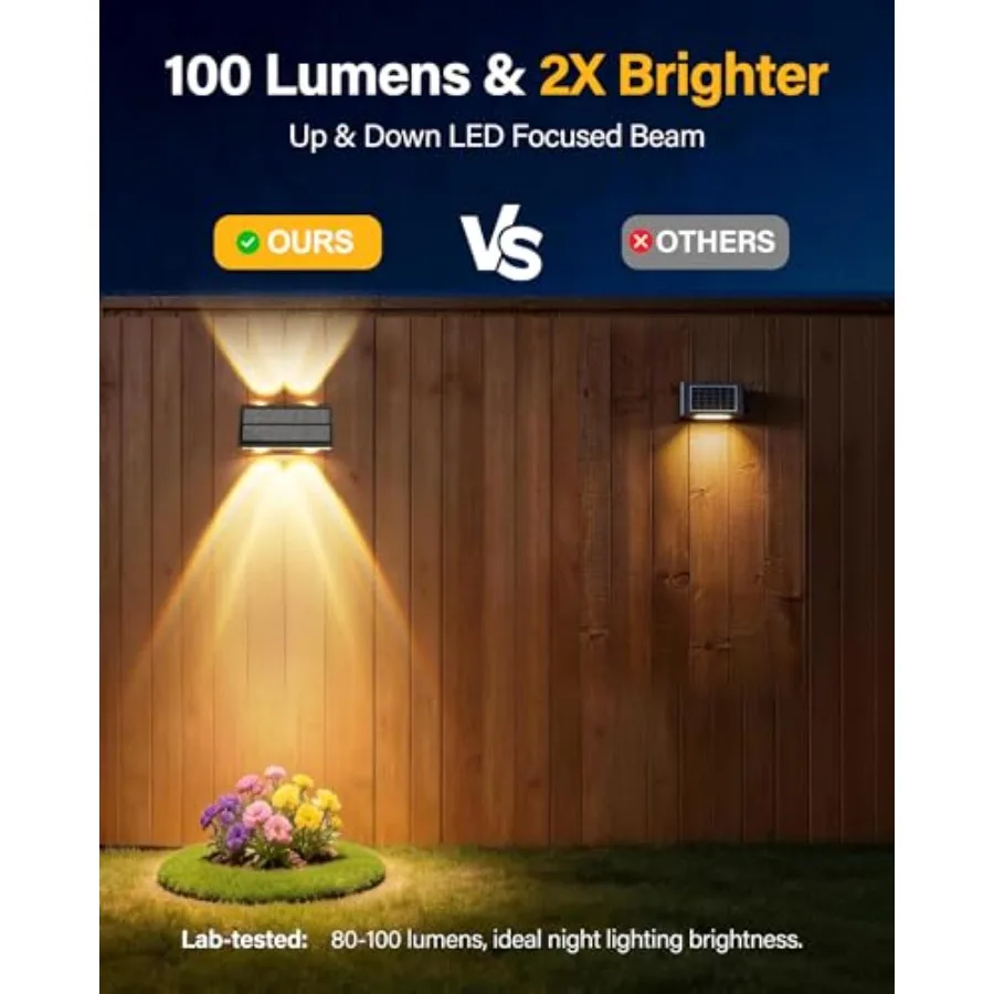Solar Fence Lights Outdoor, 100LM Fence Lights Solar Powered Waterproof, 9 Color Modes, Up and Down LED Focused Beam, 12H Dusk