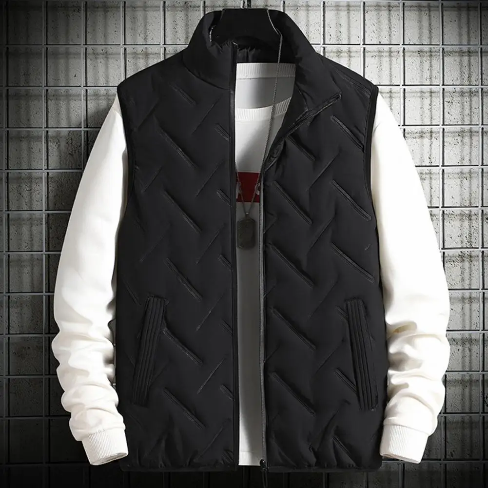 Warm Men Sleeveless Jacket Zipper Solid Color Casual Vest Winter Cotton-Padded Thickened Stand Collar Vest Coat Winter Vest