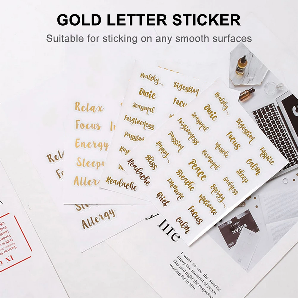 6 Sheets Gold Letter Stickers Golden Oil Bottle Decals Envelope Letters Tag Essential Bottles Labels