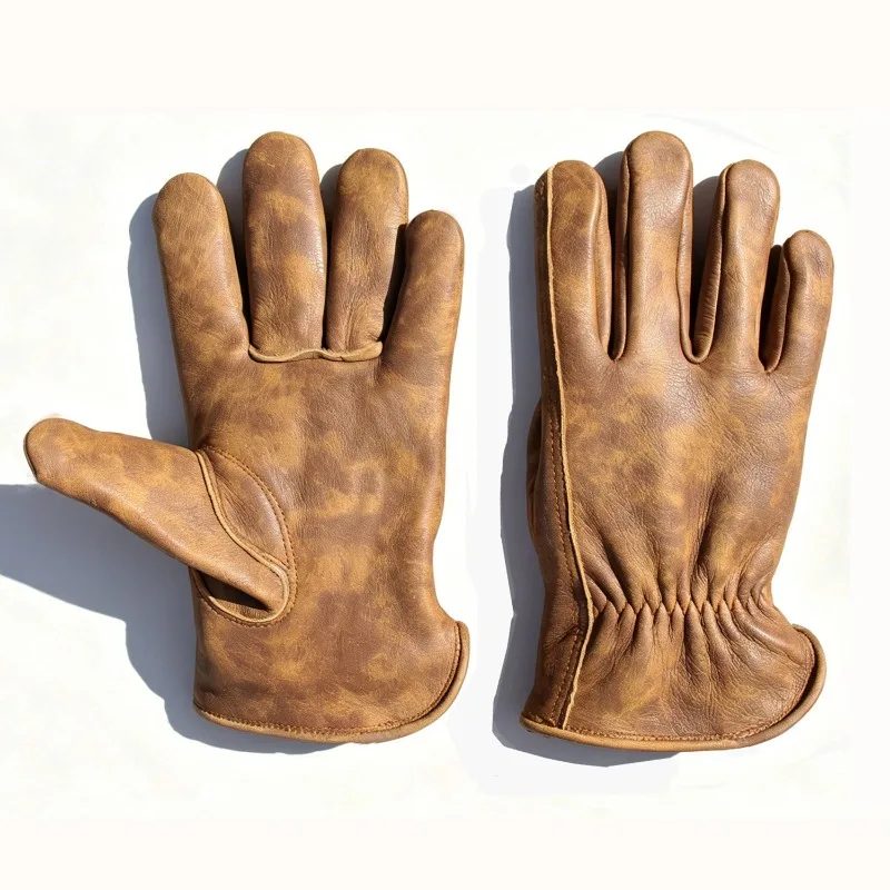 

New Vintage Tie-dye Brown Genuine Cowhide Leather Motorcycle Gloves Touch Screen Anti-slip Breathable Full Finger Outdoor Riding