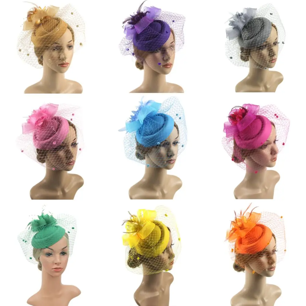 Versatile Sinamay Bride Headwear Feathers Flower Mesh Top Hat Veil Mesh Hair Clip Women's