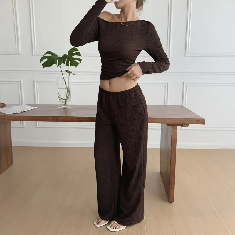 Casual Home Women's Two-piece Fashionable Solid Color Sloped Collar Long-sleeved Slim Top Paired With Loose Wide-leg Pants Suit
