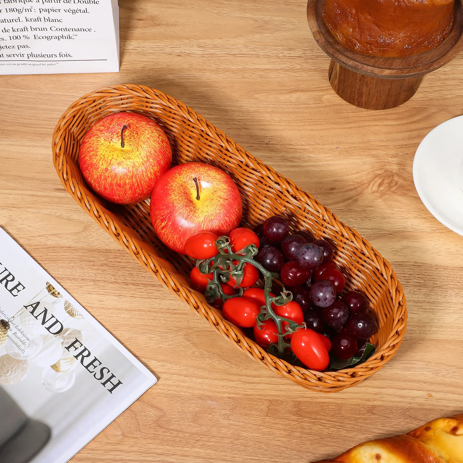 Woven Bread Basket Fruit Serving Tray Kitchen Storage Hamper Banneton Proofing Basket Snack Organizer