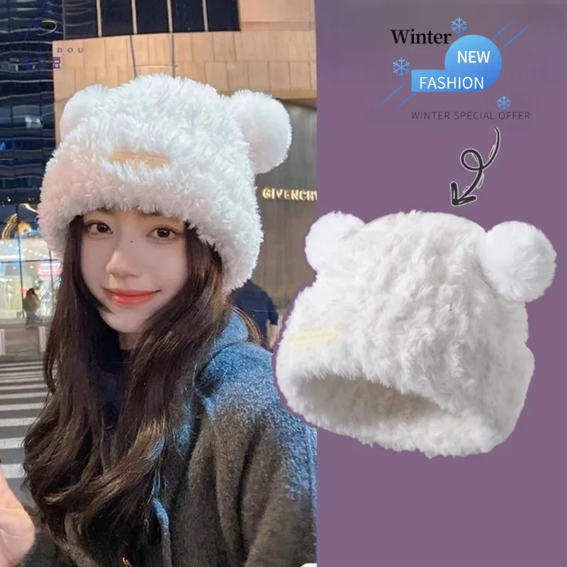

1Pcs Cute Letter Bear Ears Woolen Hat for Women Girls Korean Style Fashion Headwear Skull Caps for Outdoor Cycling Sking Warmer