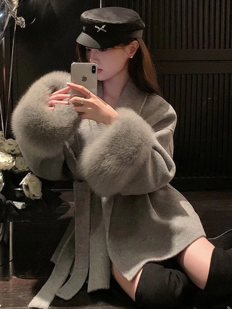 Elegant OL Office Lady Overcoats Fur Patchwork Long Sleeve Woolen Coat Beautiful Women\'s Clothing Jacket Autumn 2025 Spring