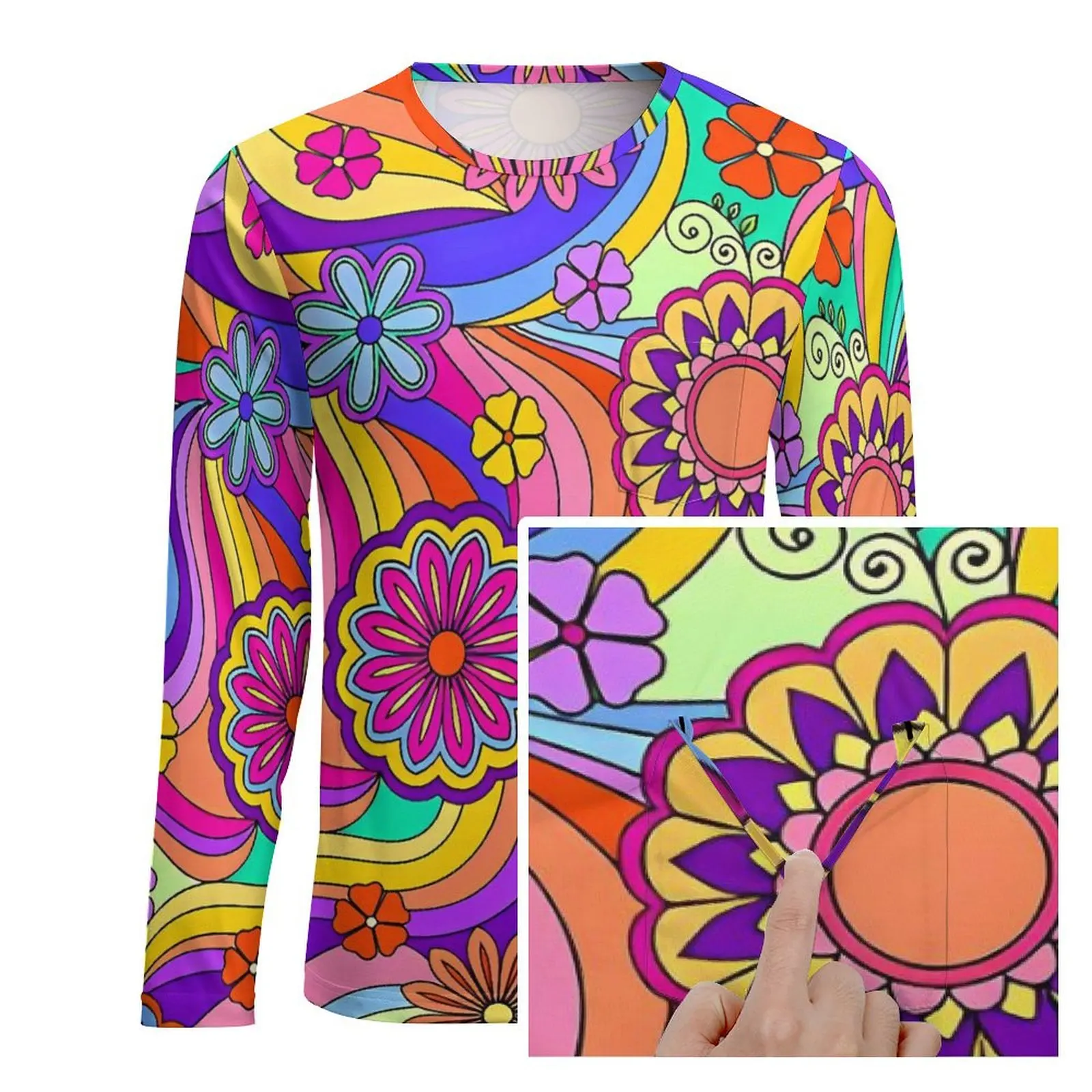 Groovy Psychedelic Flower Power T-Shirt Novelty T-Shirts With Pocket Long Sleeve Print Tops Daily Street Style Oversize Clothes