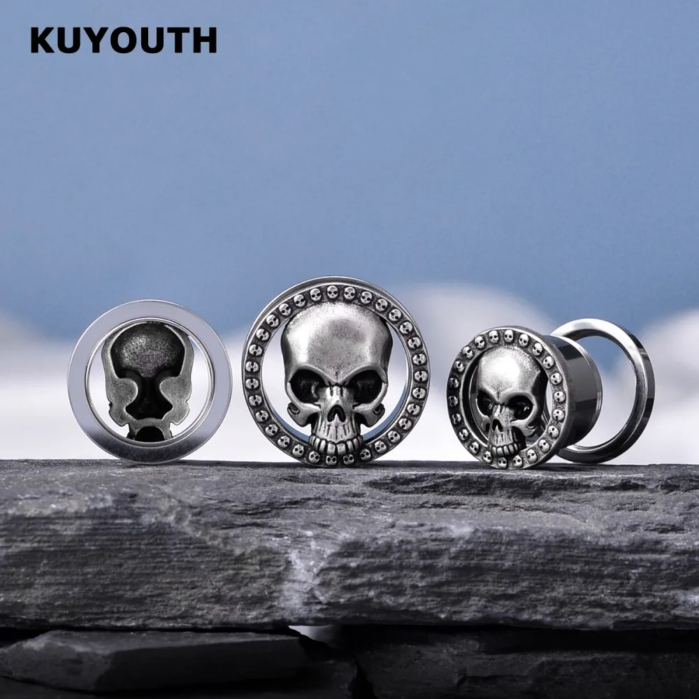 KUYOUTH Retro Stainless Steel Skeleton Skull Ear Tunnels Piercing Expanders Gauges Plugs Earring Jewelry Stretchers 2PCS