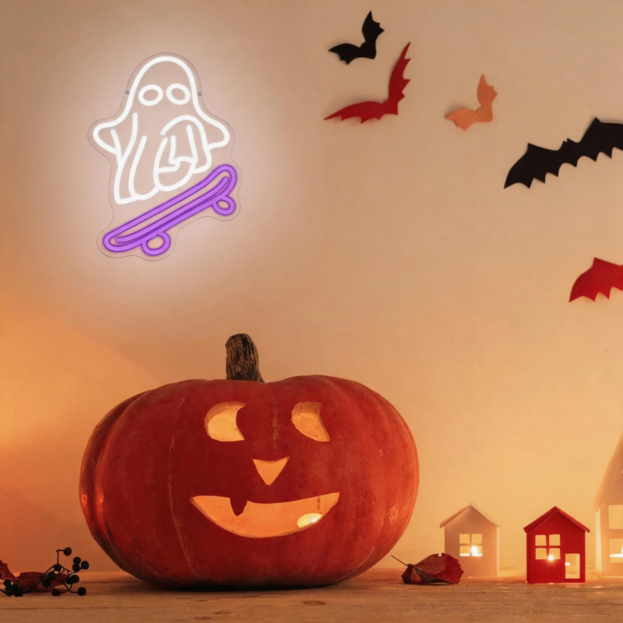 Spooky Ghost Skateboard Neon LED Sign, USB Powered Wall Mounted Halloween Decoration, Horror Theme Light for Bedroom Shop Party