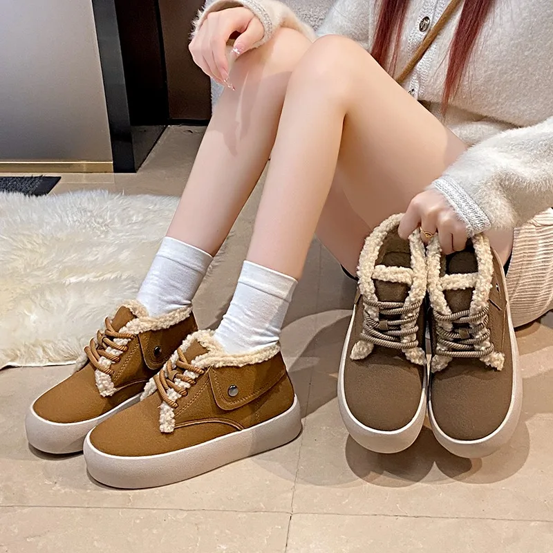 

DRKANOL 2024 Classics Cow Suede Leather Flat Platform Shoes Women Handmade Retro Winter Warm Shoes Lace-Up Casual Cotton Boots