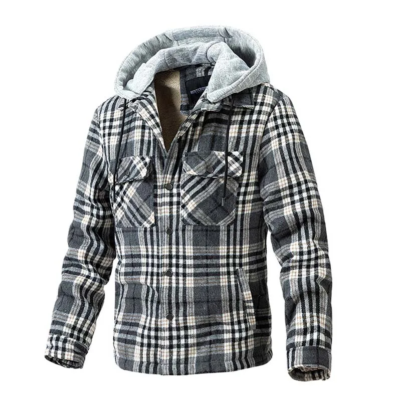 

Mcikkny Men Fleece Lined Winter Jackets Plaid Patchwork Hooded Outwear Coats Size M-3XL Thermal