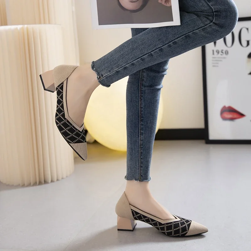 Autumn Women High Heel Shoes Fashion Knitted Breathable Pointed Toe Work Shoes Comfortable Anti-skid Rubber Soled Women Shoes