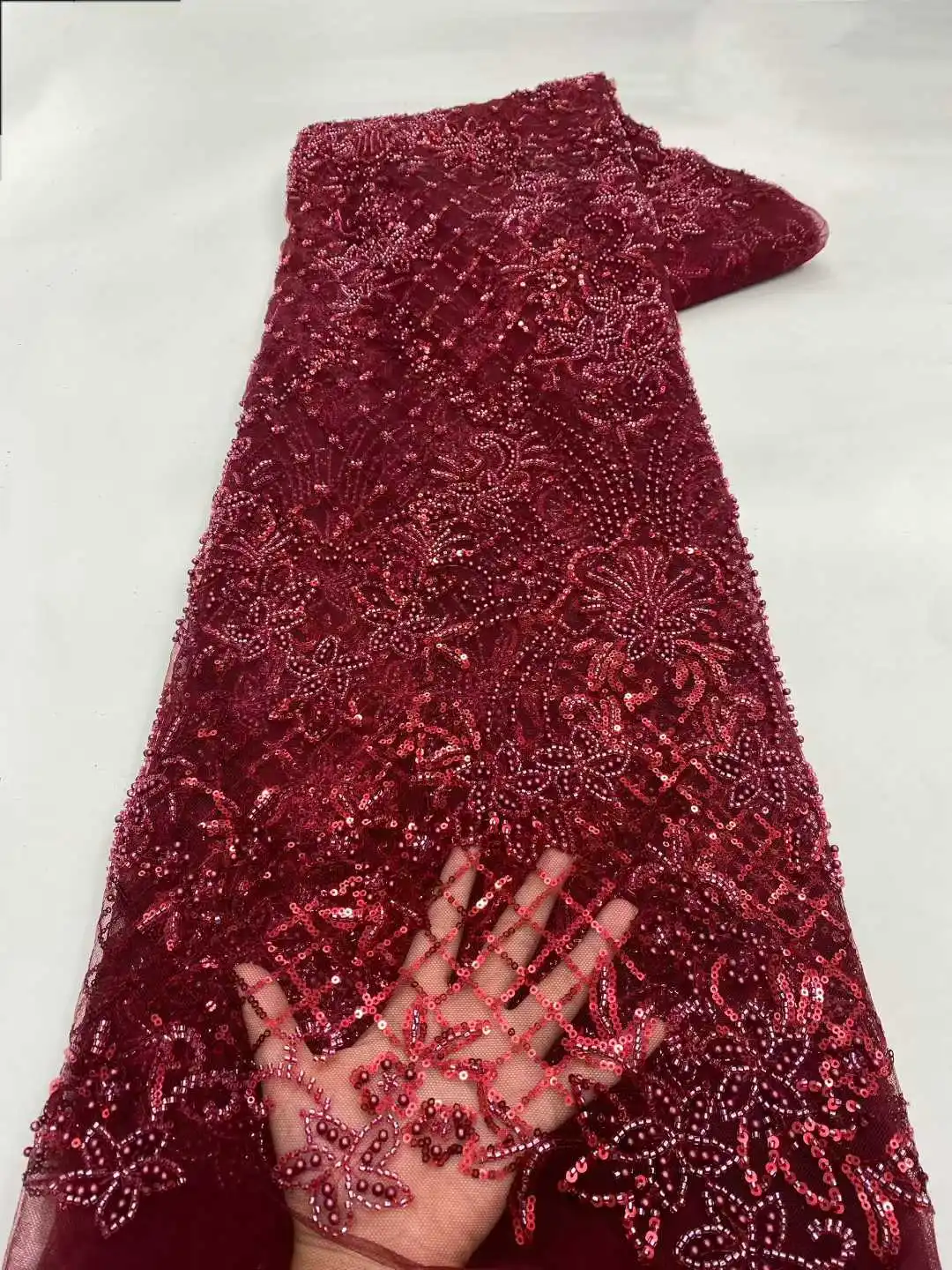 

African Sequins Lace Fabric 2026 High Quality Embroidery Handmade Sequence Beaded Lace Fabric For Bridal Material