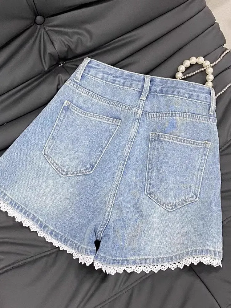 

High Waist Lace Trim Denim orts Women Summer Trendy Loose Fit Wide Leg Pants Casual Sle Zipper Closure Blue Jeans