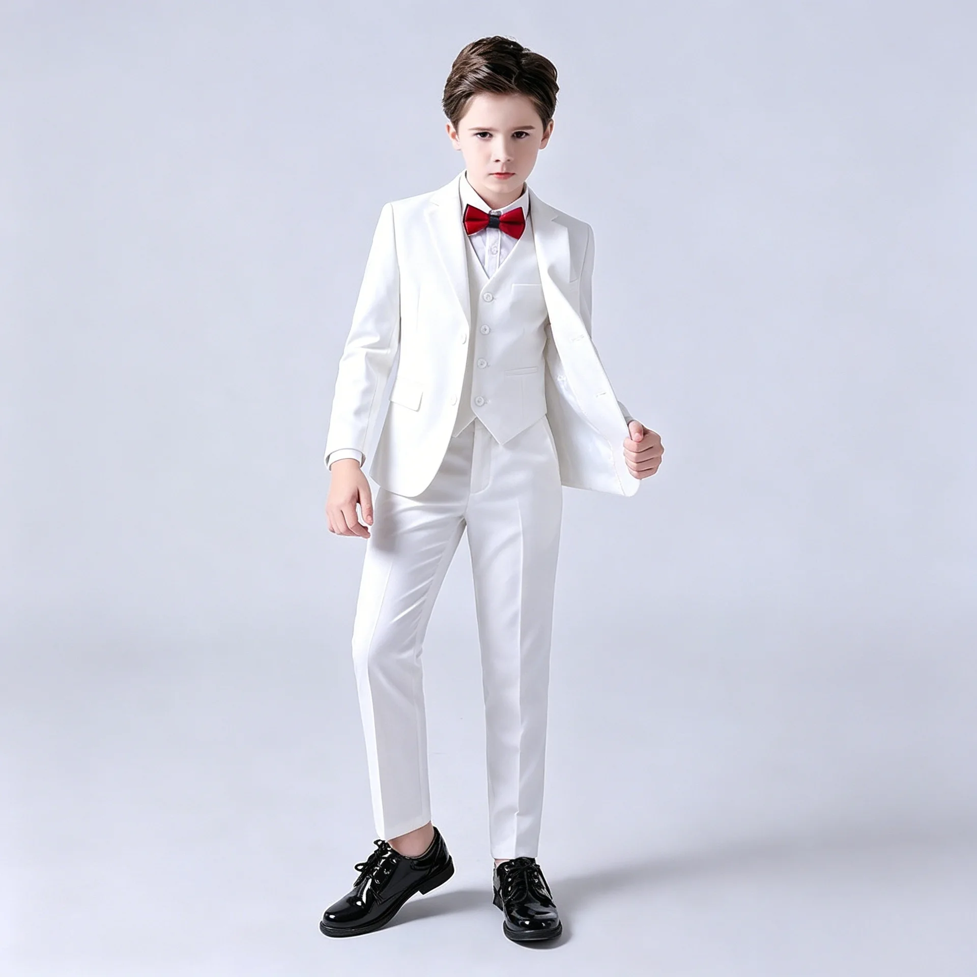 Boys White Formal Suit Blazer Vest Shirt Trousers Bow Tie Kids Wedding Ring Bearer Gentleman Tuxedo Piano Stage Costume 3-14Y