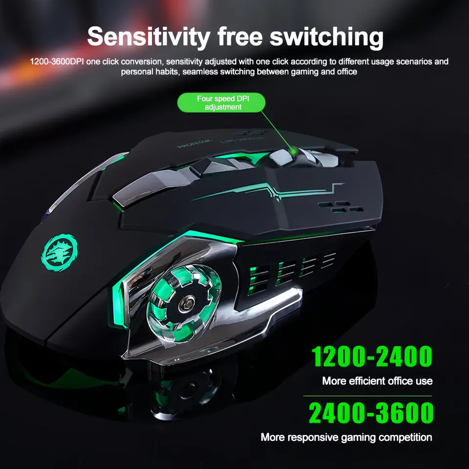 ماوس لاسلكي 2.4 جيجاهرتز بلوتوث بإضاءة RGB، ماوس ألعاب قابل للشحن صامت 3600 DPI لماك بوك لابتوب - 4