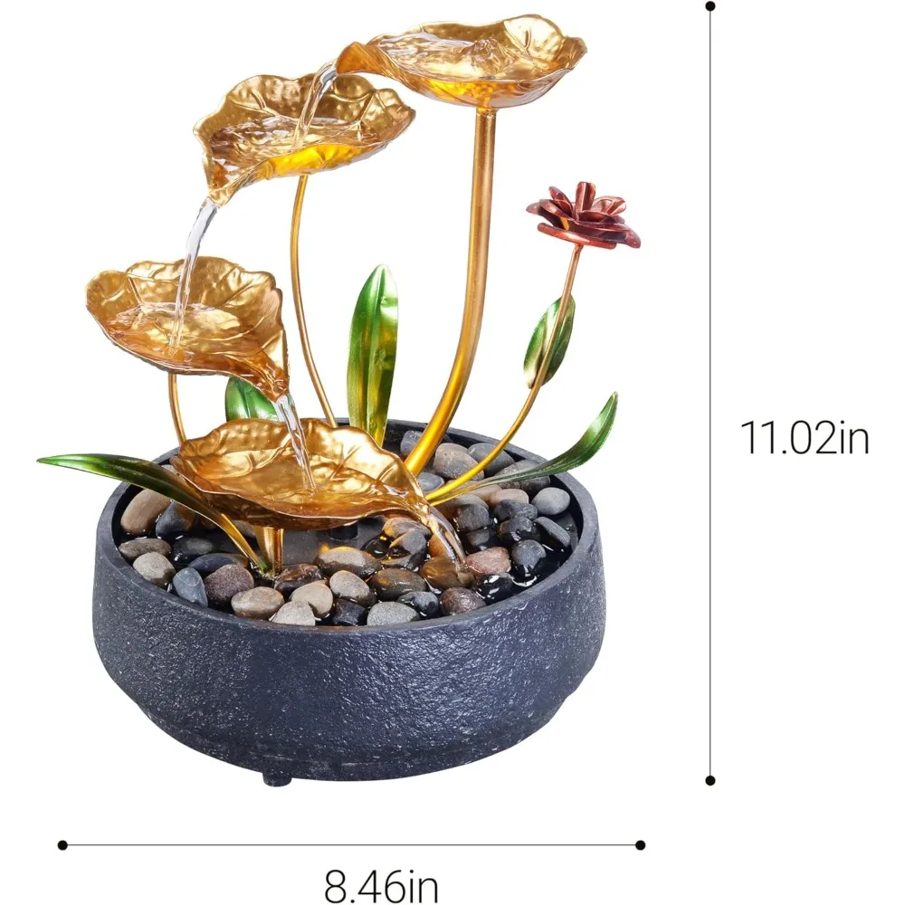 ميزة مياه زن على سطح الطاولة المعدنية لوتس مع ضوء دافئ لديكور المنزل والمكتب وأجواء الاسترخاء #4