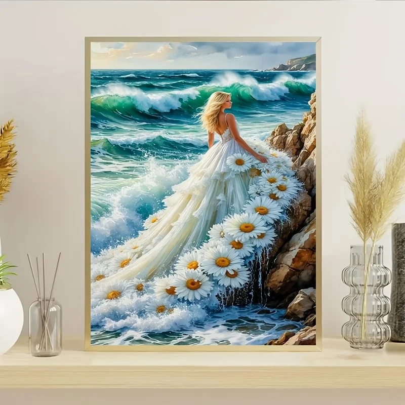 5D Diamond Painting Set, Wave Reef Yellow Daisy, Realistic Watercolor Style, Round Diamond