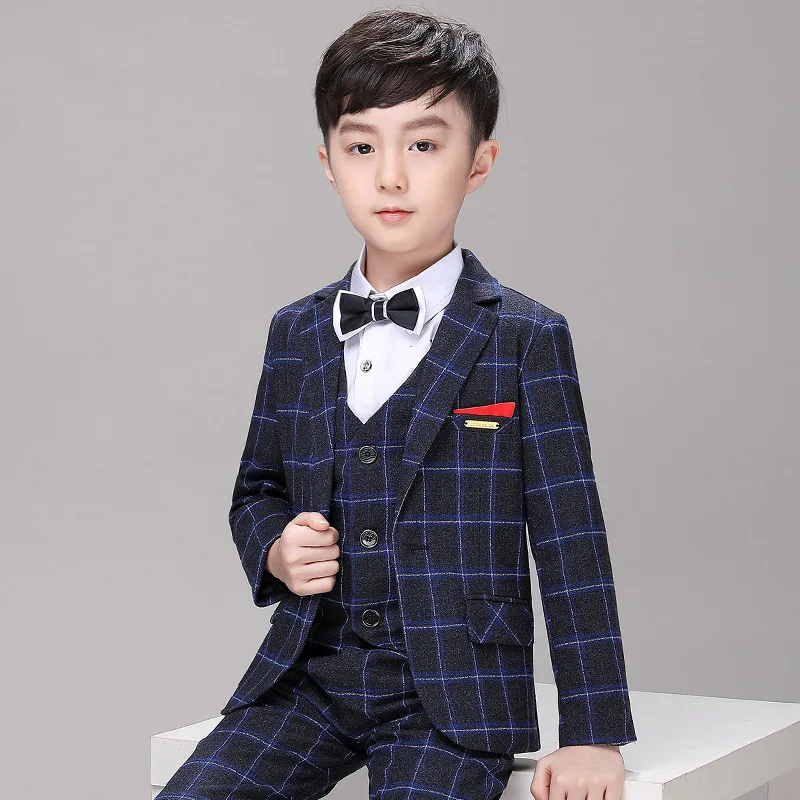 Clearance Stock sale Boys Spring Plaid 3Pieces/Set Jacket Vest Pants Photography Suit Kids Wedding Party Dress Children Costume