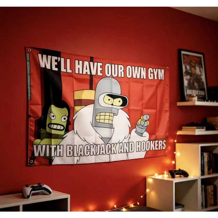 Futurama Bender Gym Flag Banner Polyester Tapestry Wall Art Man Cave Dorm Bar Fitness Room Decor Indoor Outdoor