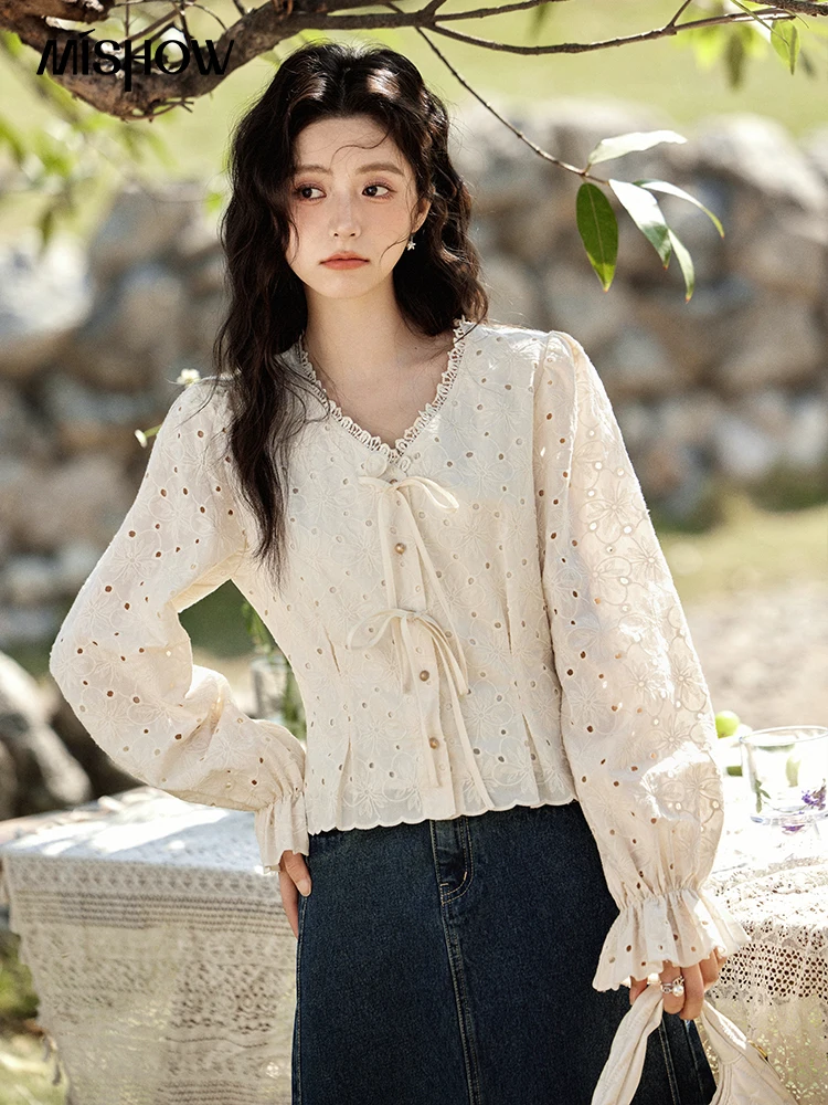 MISHOW Hollow Lace Shirt for Women Spring 2025 French Retro Lace100 Cotton Shirt V Neck Waist Elastic Cuffs Blouses MXE12X1710