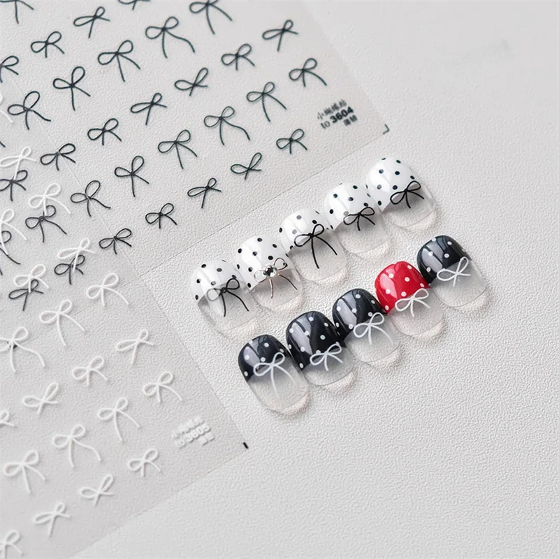 1PCS Black White Sweet Bow Nail Stickers 3D Self Adhesive Japanese Bowknot Nail Art Decoration Sticker Manicure Decals Parts DIY