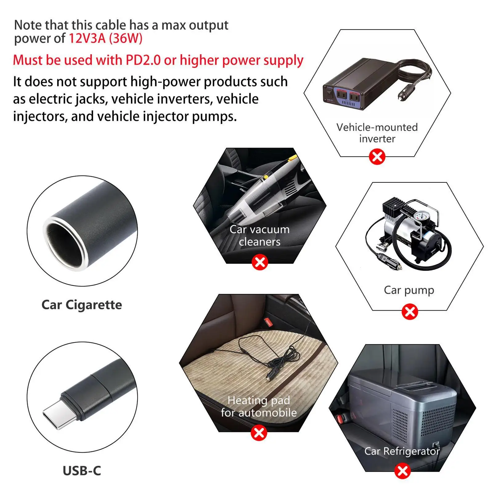 Power Converter Cable 12V/3A/36W USB C Male to 12V Adapter Dash cam Car LED Light Strips Protable Sturdy USB C to 12V Adapter