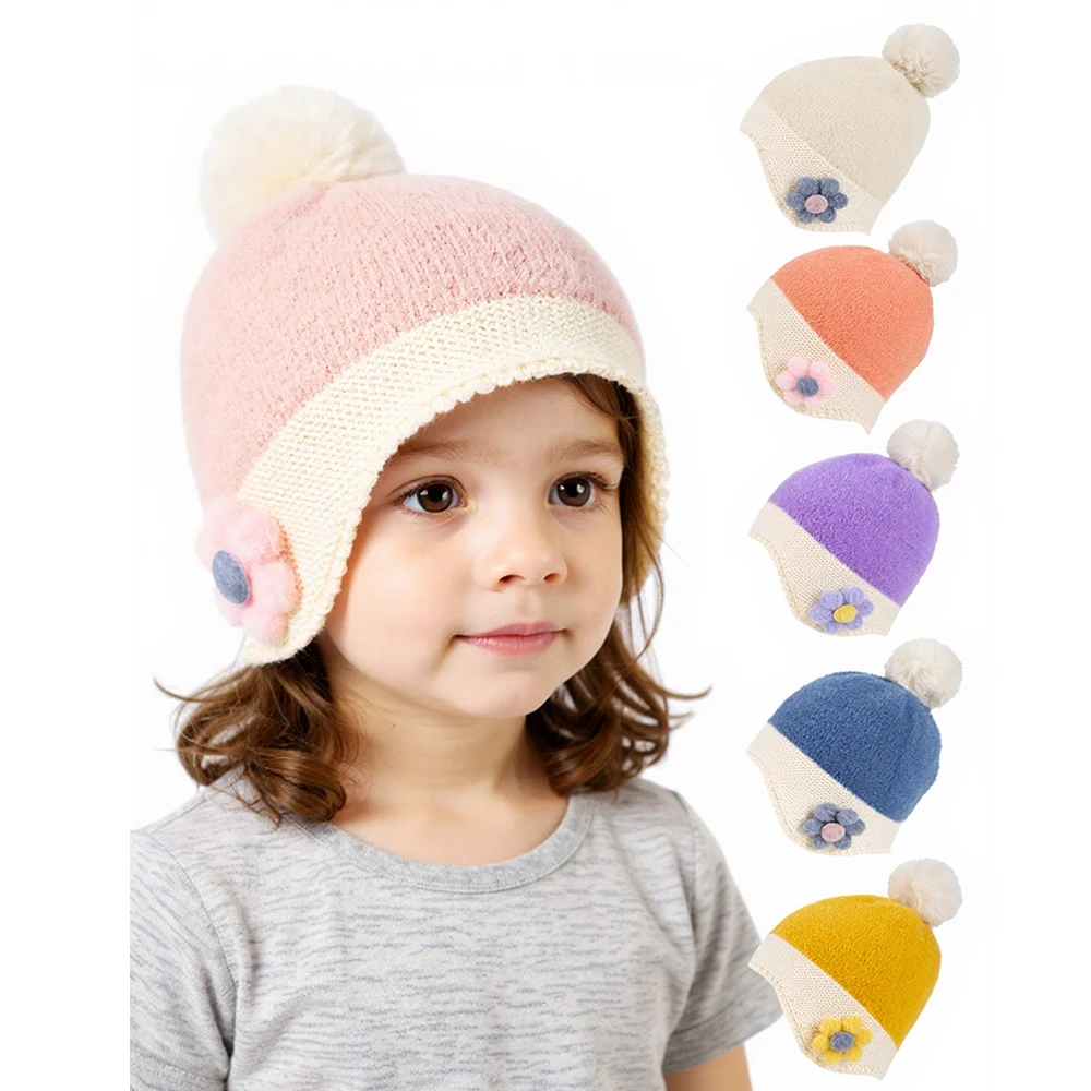 

New Autumn Winter Flower Knitted Baby Hat for Girls Toddler Pompom Hat with Earmuffs Outdoor Warm Ear Protection Hat for Kids