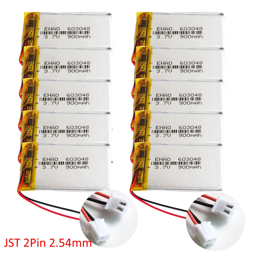 10pcs 3.7V 900mAh LiPo Bateria recarregável de polímero de lítio 603048   + Plugue JST 2 pinos para gravação de alto-falante de câmera MP3 GPS Bluetooth