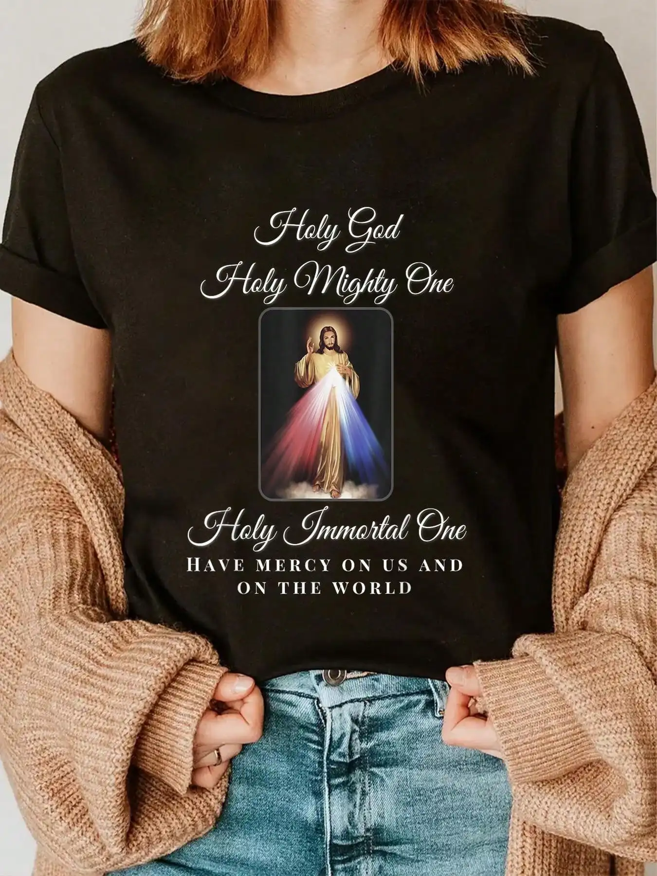 الرحمة الإلهية الله المقدس المقدس الأقوياء واحدة الصلاة الكاثوليكية تي شيرت الجولة الرقبة تي شيرتات قصيرة الاكمام المرأة الرجال الجرافيك المحملة
