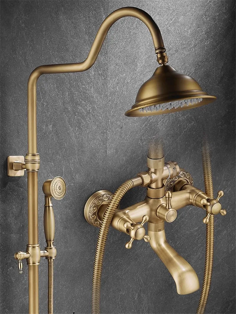 Tuqiu Antique Bathroom Shower Faucet Set Brass Bathroom Rainfall Shower Mixer Tap Brass Bath and Shower Faucet Set