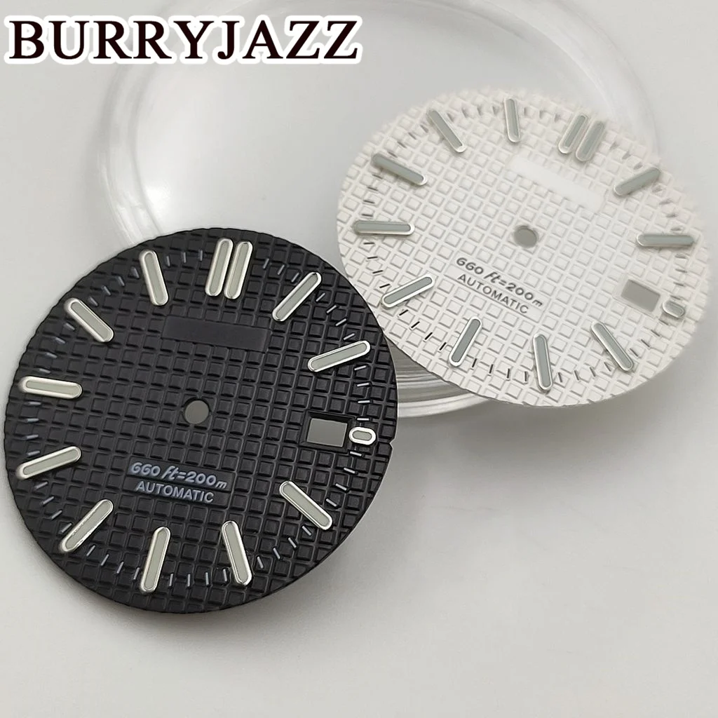 BURRYJAZZ 31.5mm No Logo NH35 Watch Dials Black Blue White Dial Green Luminous Fit 3 O'clock Case Crown