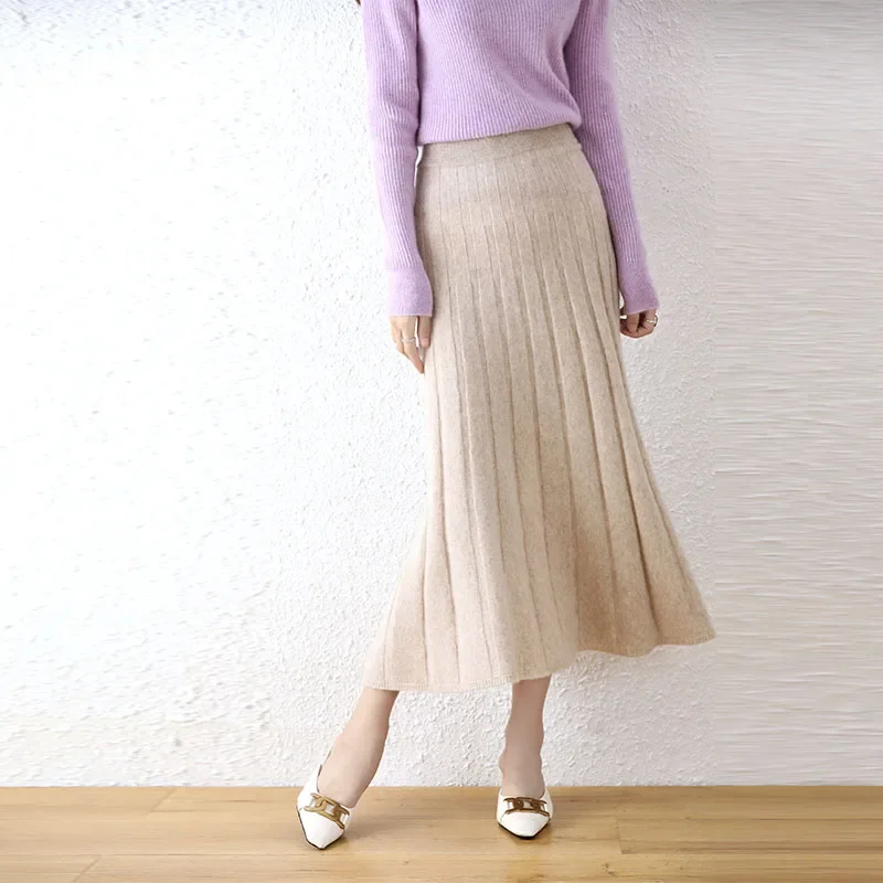 

High-end 2022 Autumn/Winter New 100% Pure Wool Women's Thick Warm Elegant Pleated Skirt Fashion A Line Knitted Skirt 4 Colors