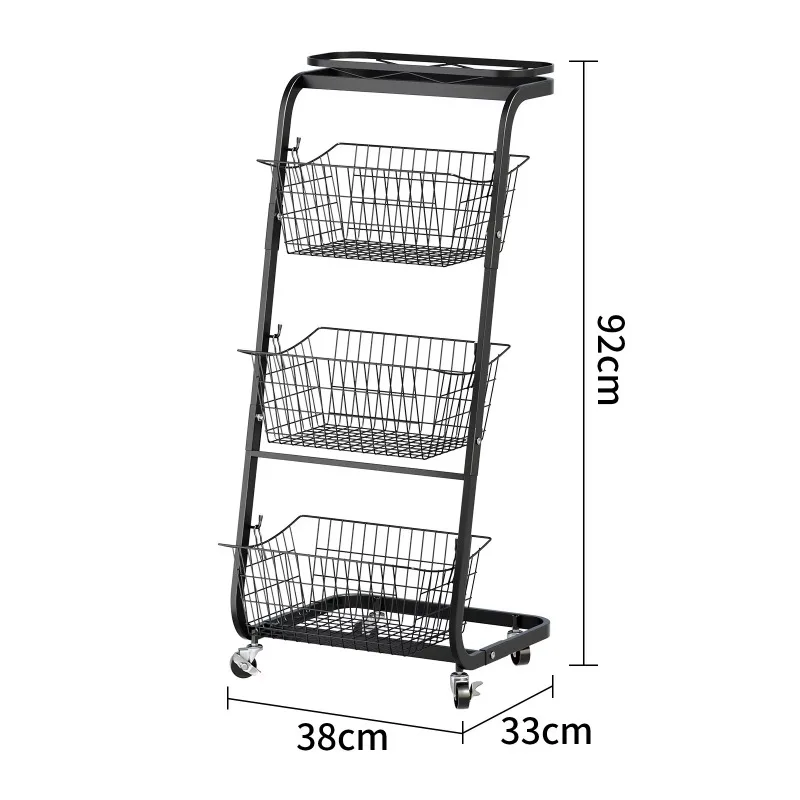 3-Tier Storage Basket with Wheels Large Capacity Kitchen Organizer Multifunctional Fruit and Vegetable Rack Black Mobile