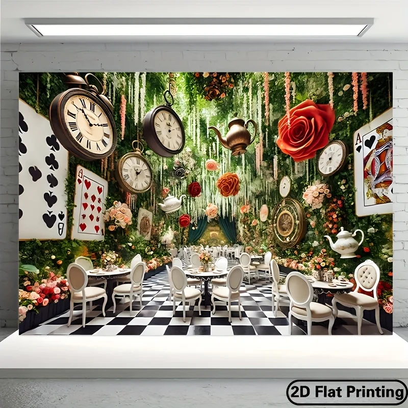 Alice in Wonderland Tapestry, Vintage Clock Rose Tea Party Wall Hanging, Fantasy Forest Backdrop, Whimsical Kids Room Decor
