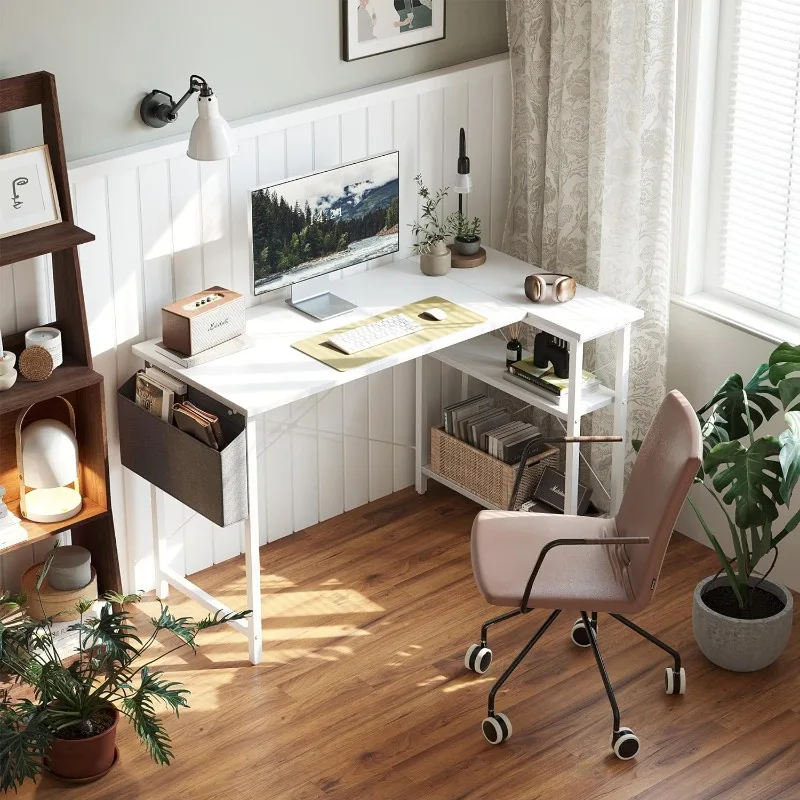 Small L Shaped Computer Desk with Storage Shelves, Home Office Small Corner Desk Study Writing Table, White