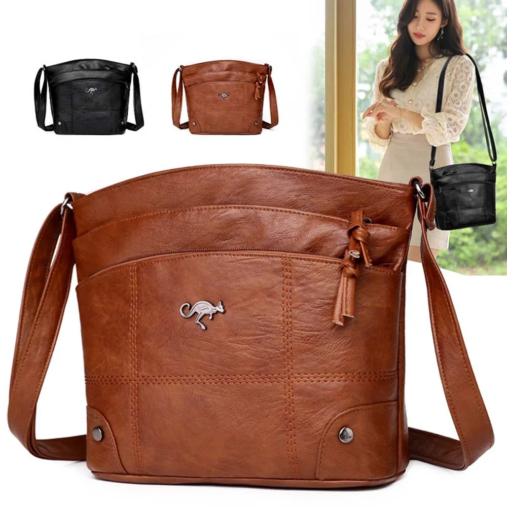 Retro Mini Crossbody Bag, Soft PU Leather Bucket Bag, Multi Layer Shoulder Purse With Interior Slot Pocket For Women Daily Use
