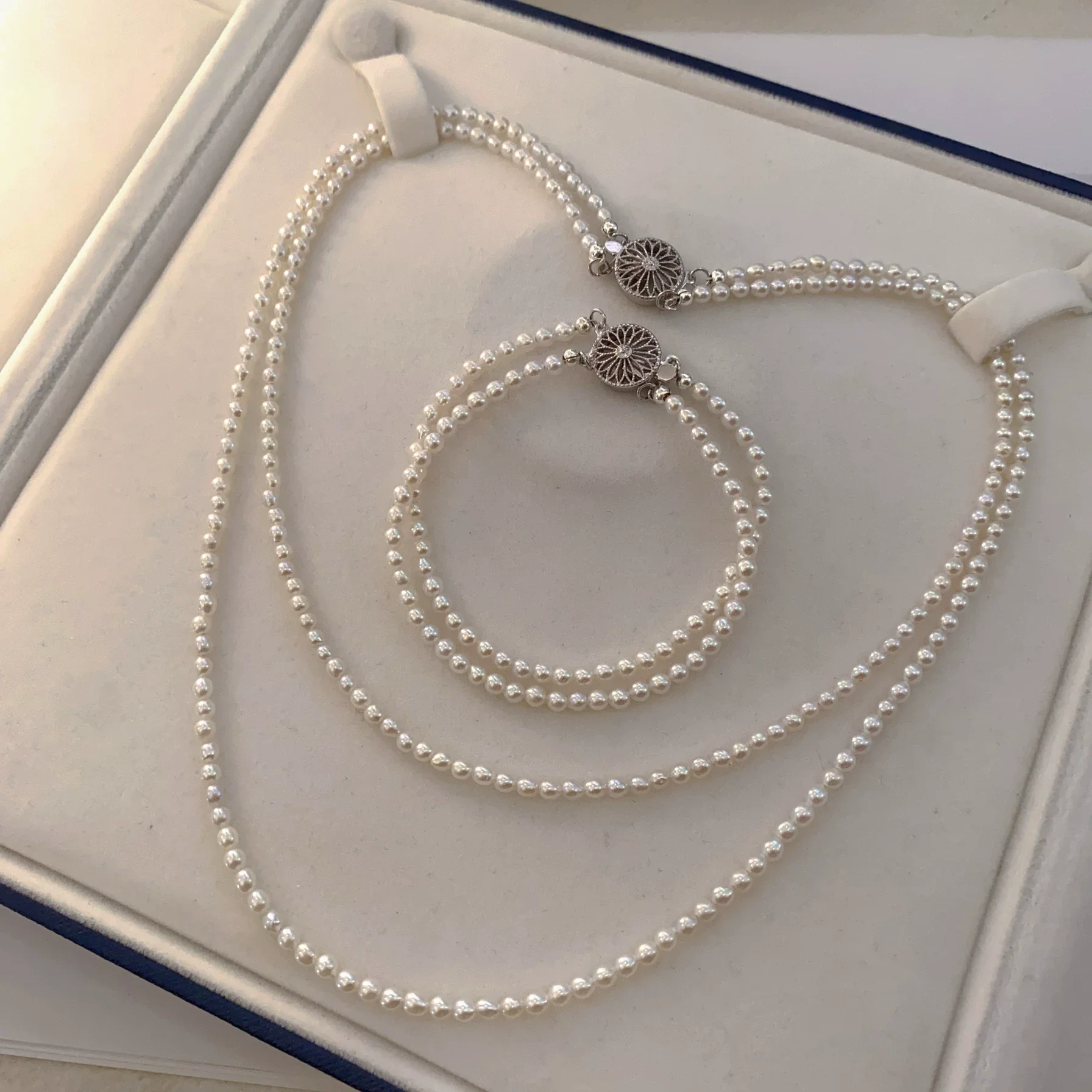 Double layer pearl AAAA3-4mm natural pearl necklace 16-18in+bracelet 7.5-8in set 925s set