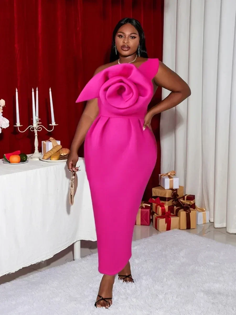 

Women Party Dress Slim Bodycon Sexy One Strap Big Flower Event Christmas Birthday Elegant African Gowns Wedding Guest Robes New