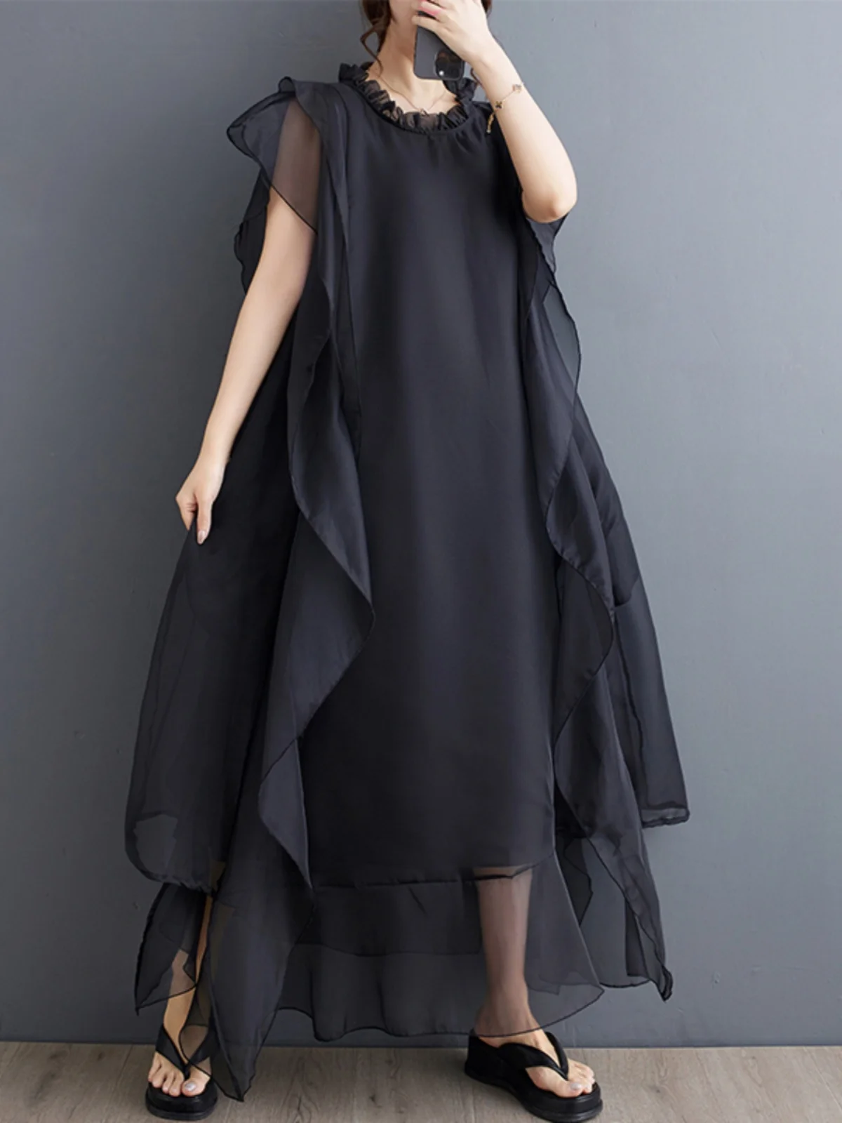 Verão novo vestido f plus size e ogeen renda emenda borda de madeira brisa sem mangas vestido de camada dupla e...