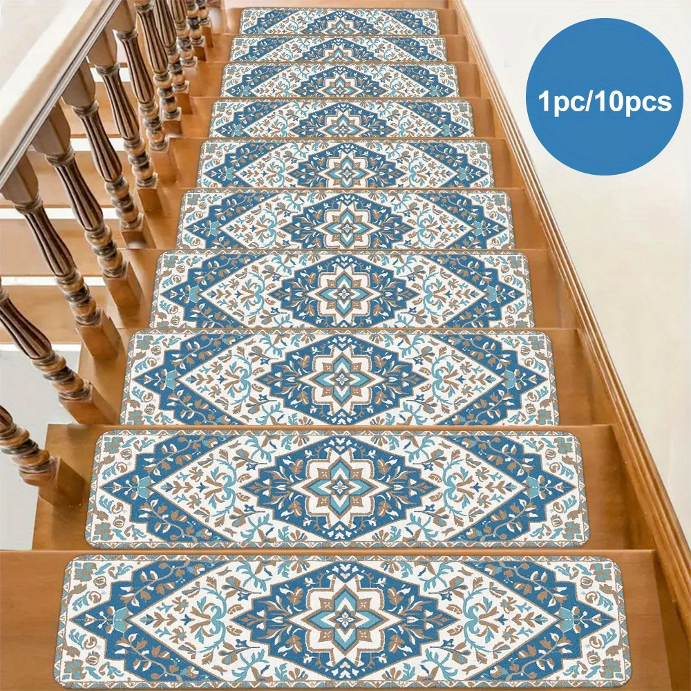VIKAMA Light-Colored Vintage Ethnic Patterned Print Stair Mat For Children Anti-Slip Staircase Tread Stone Step Rug Easy To Clea