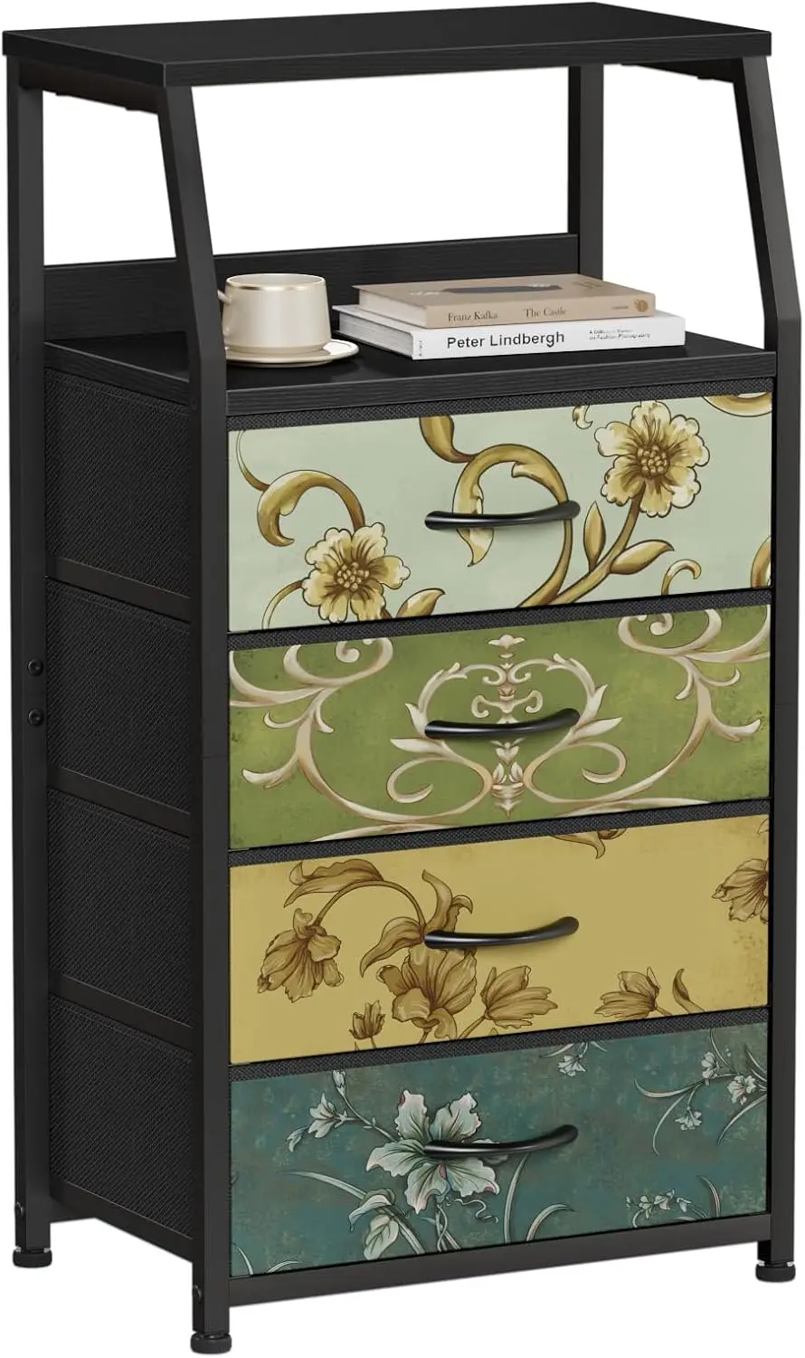 

Retro Dresser for Bedroom Small Dresser for Closet Vintage Nightstand with 4 Drawers Fabric Storage Organizer Bedside Table Side