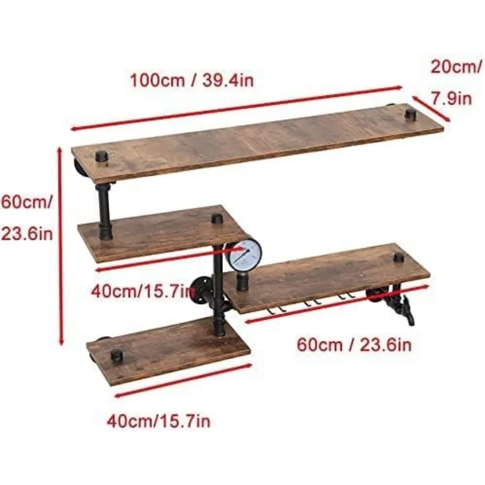 Industrial Pipe Shelves Wine Rack Wall Mounted with 4 Stem Glass Holder,Bar Shelves 39in Metal Hanging, Wine Cabinets